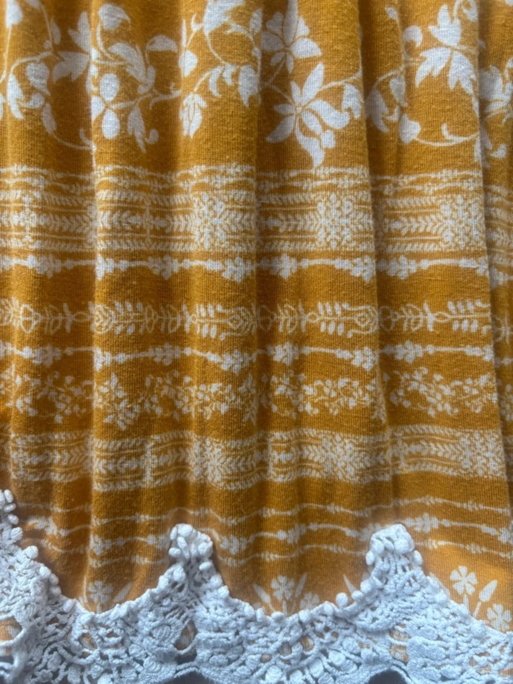 Rewind Mustard Boho Floral Smocked Tank | Lace Hem Babydoll Top | Size Small - Picture 2 of 4